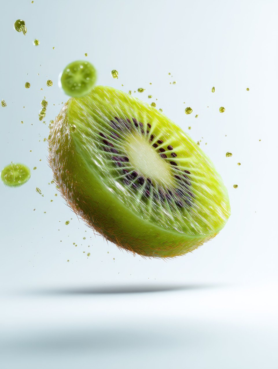 Hyper realistic photograph of a kiwi slice floating mid air