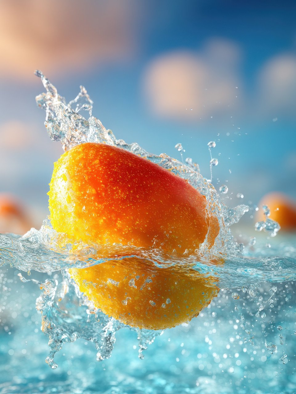 Juicy mango splashing into clear water