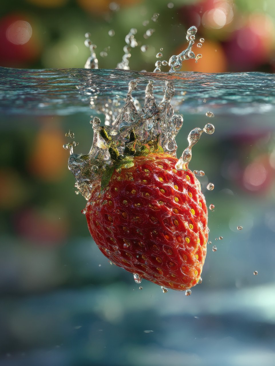 Fresh strawberry splashing into clear water