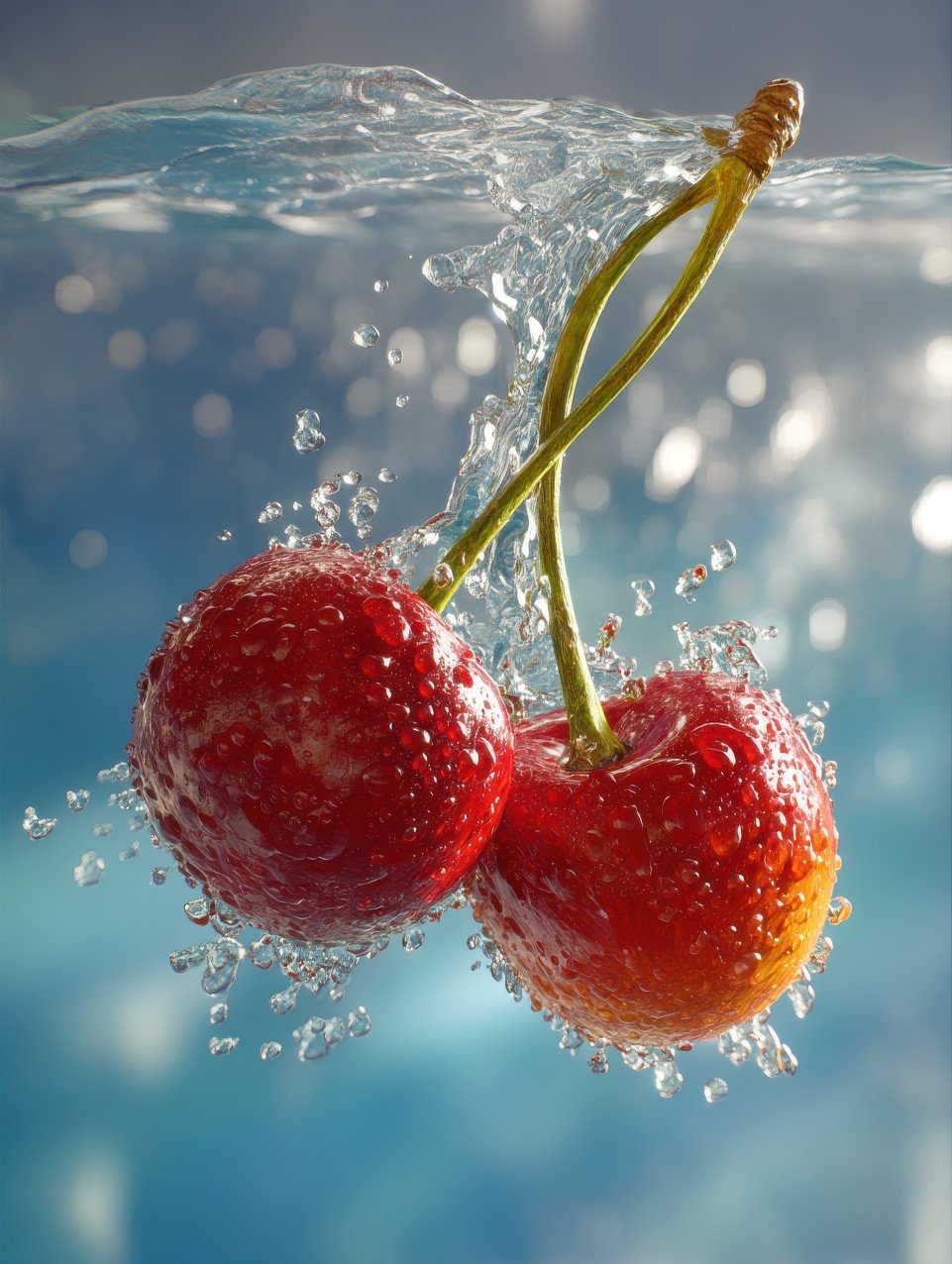 Pair of cherries splashing into clear water with droplets frozen in time