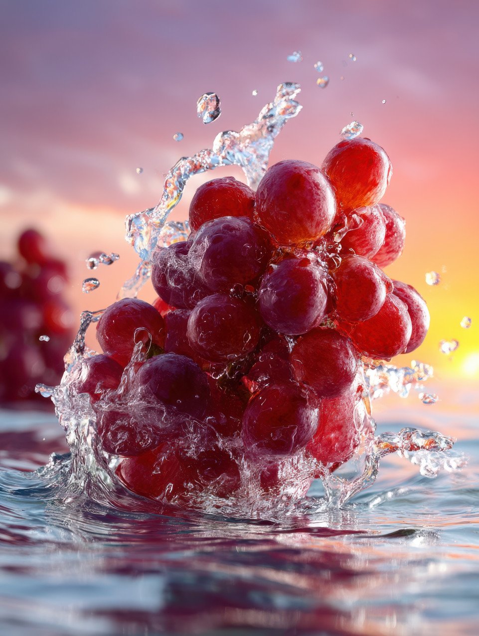 Red grapes splashing into clear water with droplets frozen in time