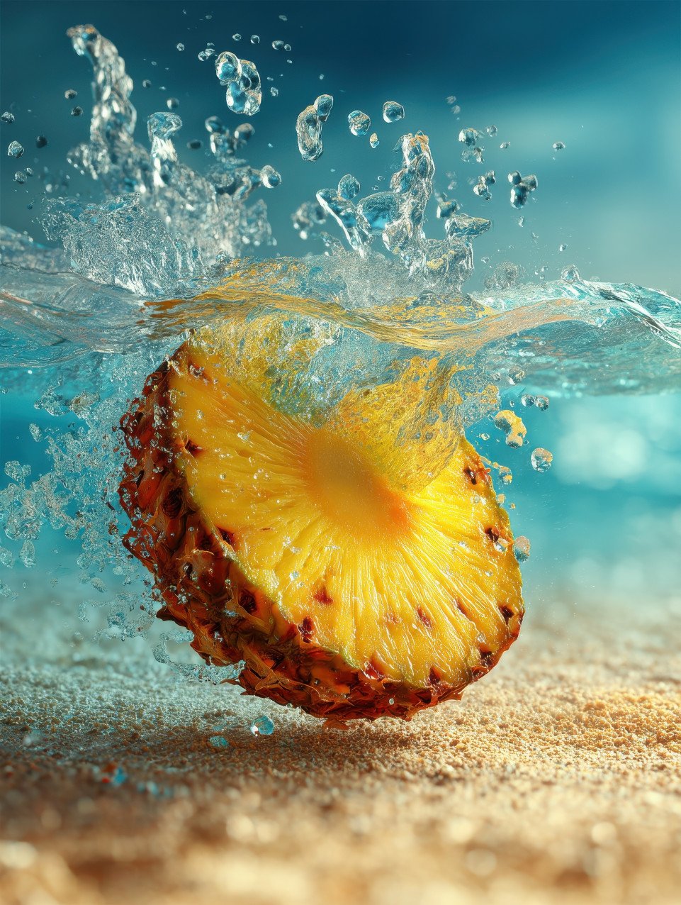 Pineapple slice splashing into clear water