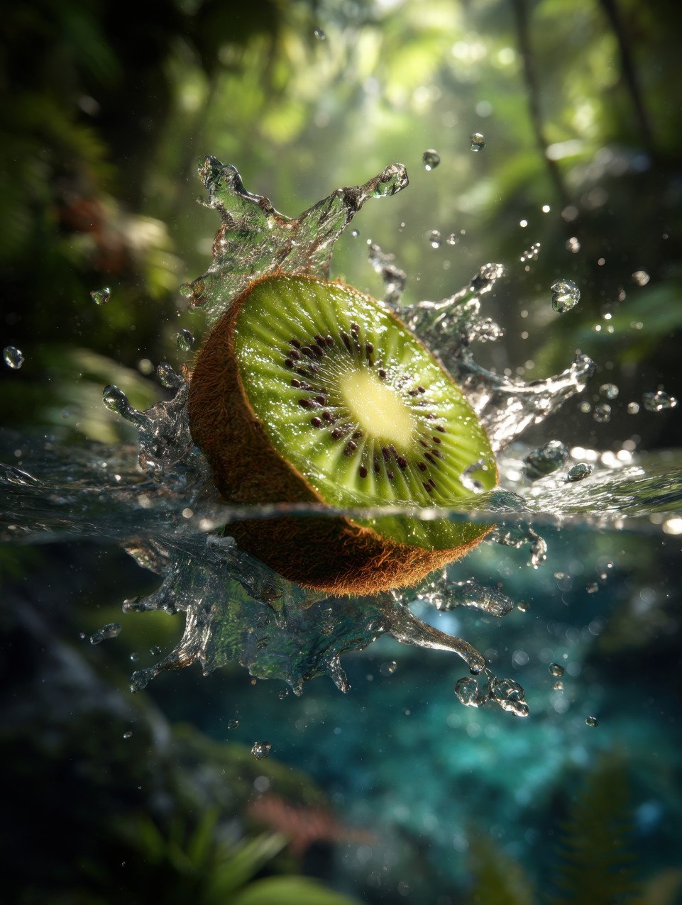 Sliced kiwi splashing into clear water with droplets suspended mid motion. lush jungle background