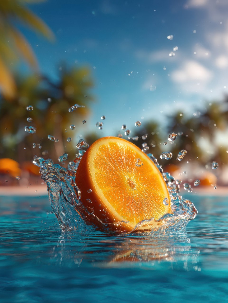 Sliced orange splashing into clear water