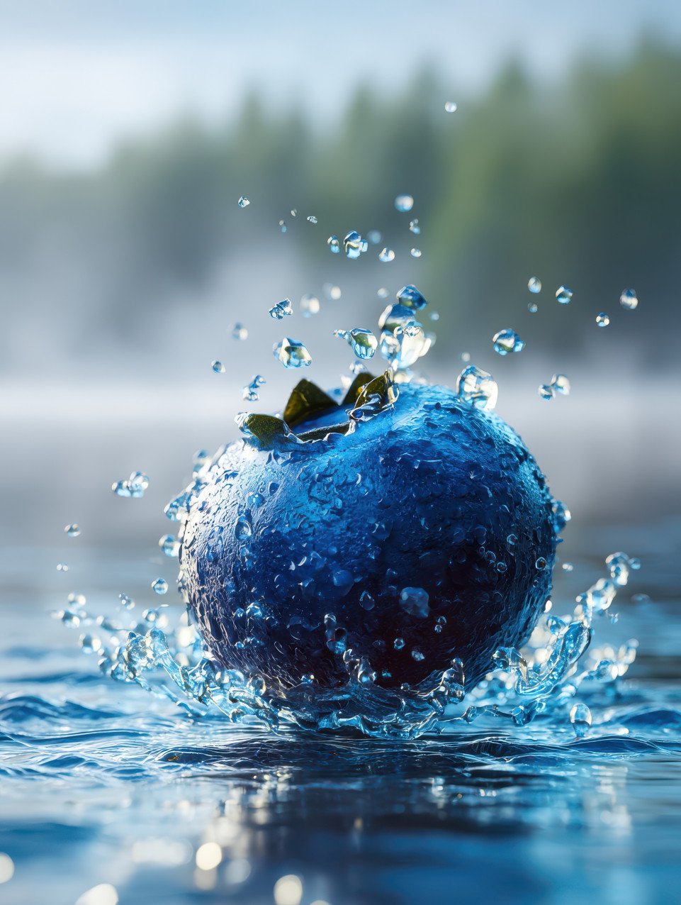 Plump blueberry splashing into clear water with droplets suspended in time
