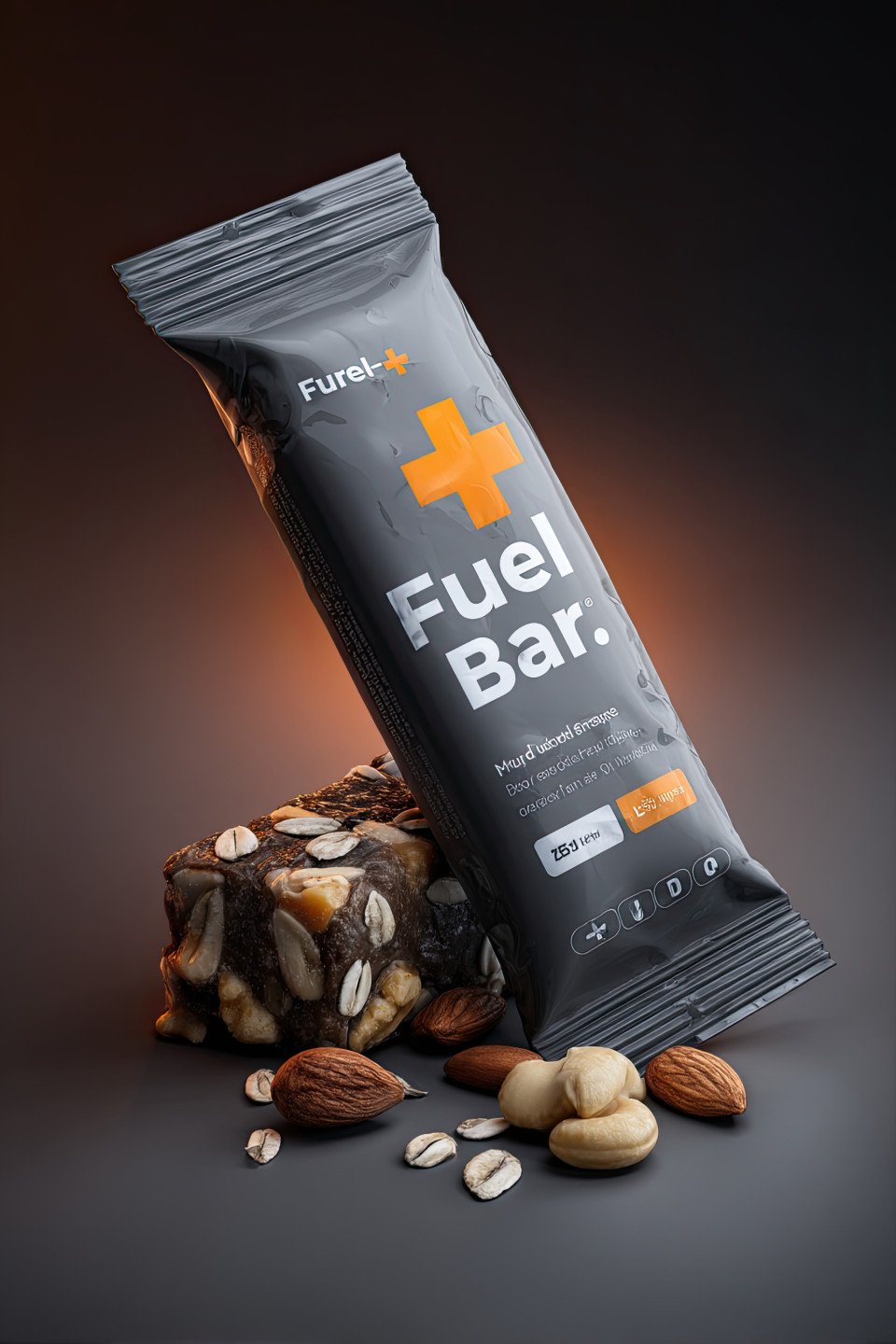 Hyper realistic mockup of a protein bar with "fuel bar+" label. surrounded by nuts and grains
