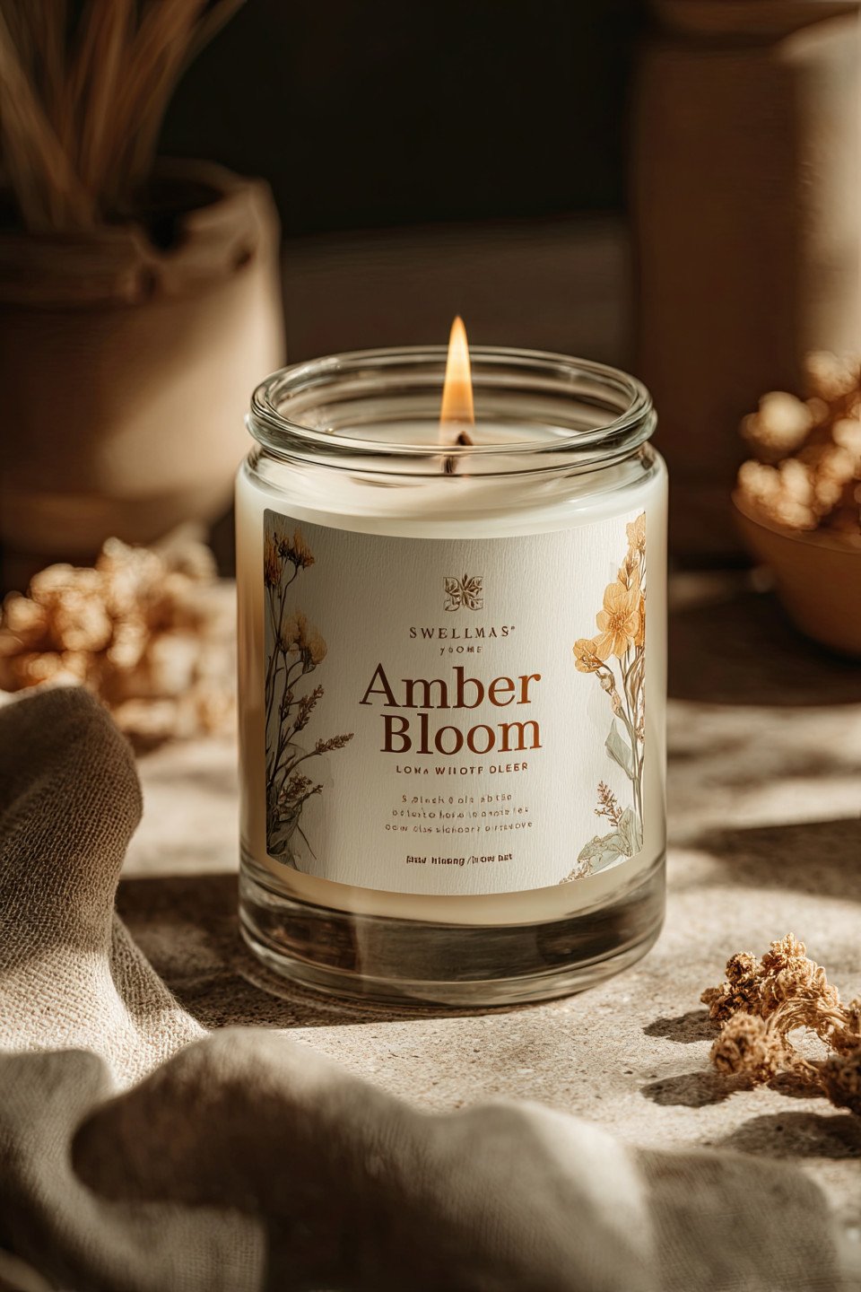 Hyper realistic mockup of a luxury candle jar with "amber bloom" label