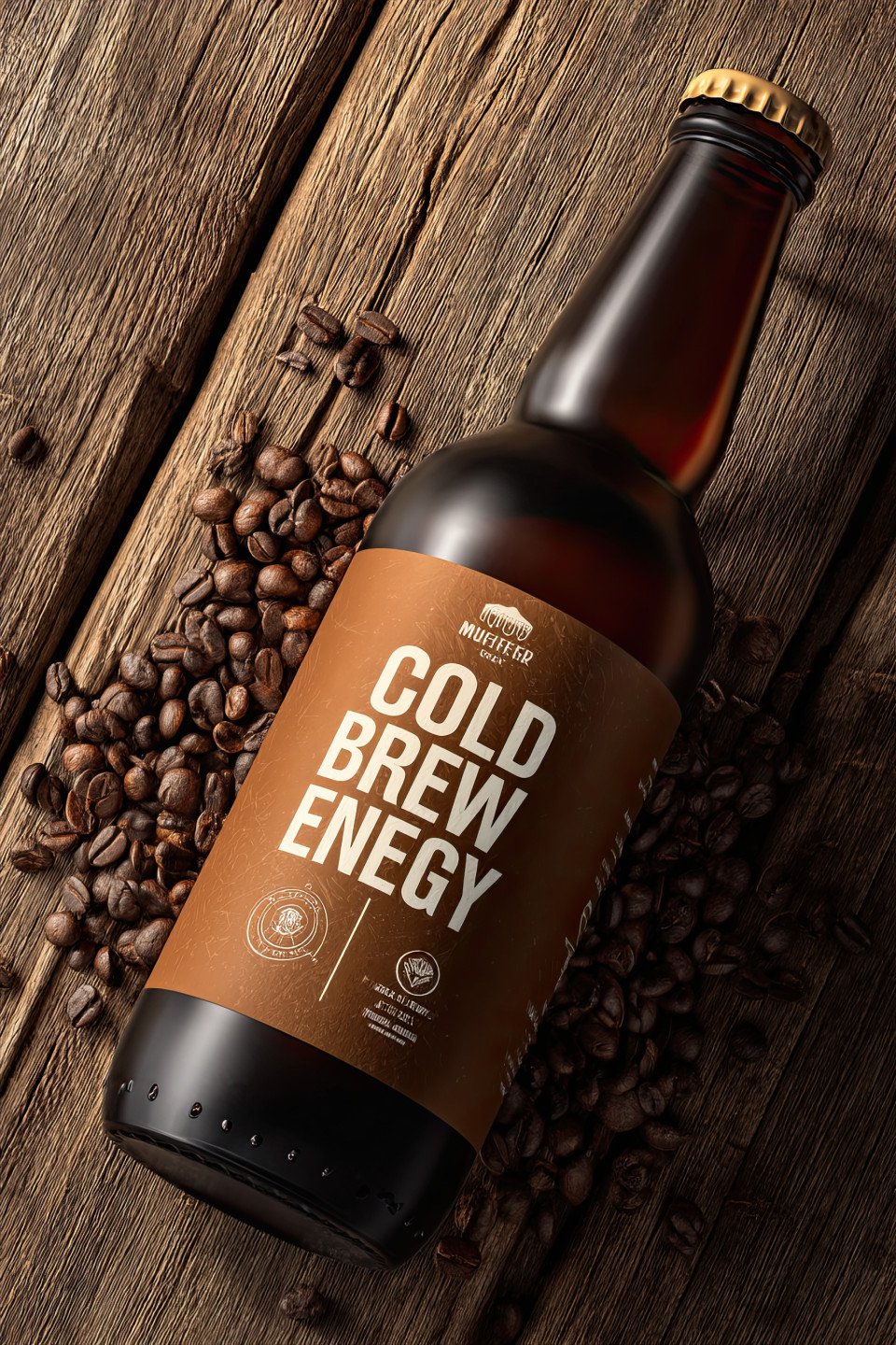 Hyper realistic mockup of a cold brew coffee bottle with "cold brew energy" label. surrounded by coffee beans