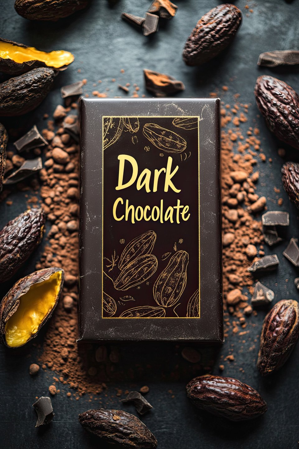 Hyper realistic mockup of a dark chocolate bar in foil