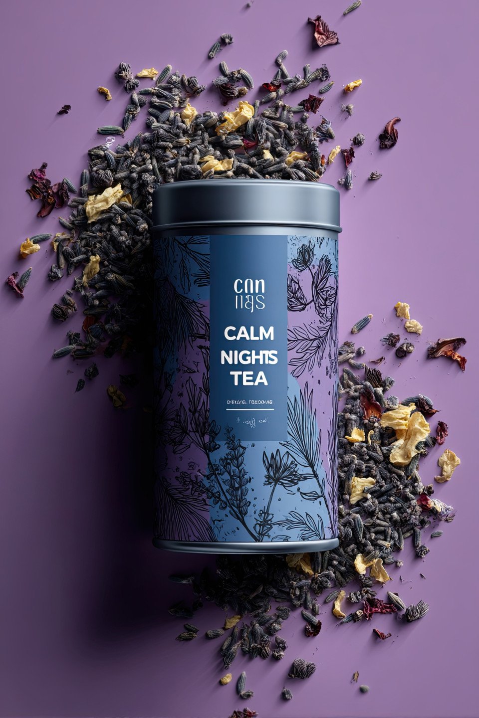 Hyper realistic mockup of a "calm nights tea" tin with hand drawn herbs. elegant packaging design