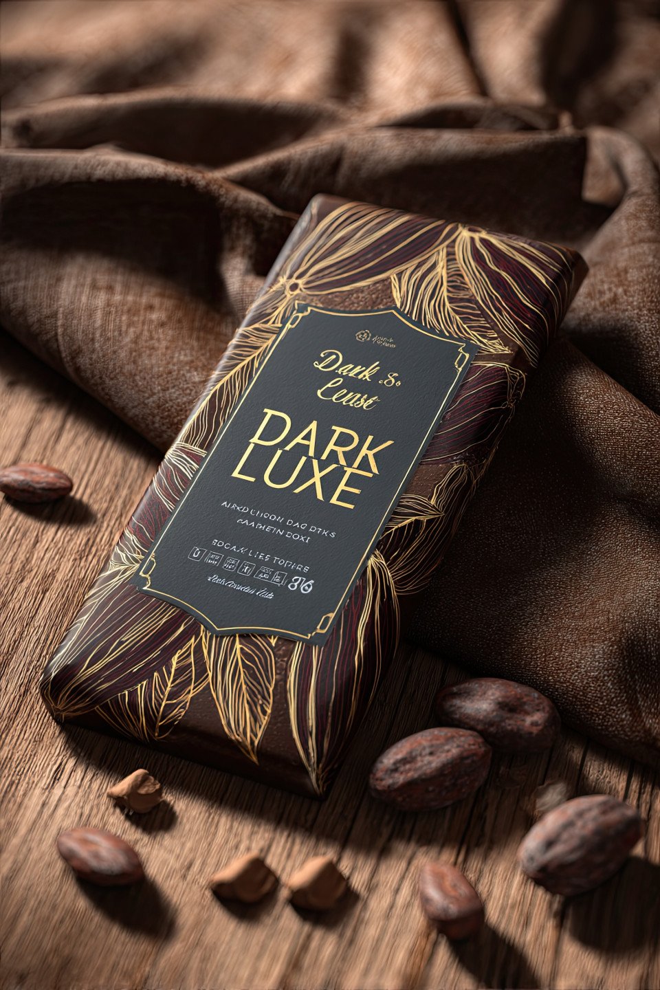 Hyper realistic mockup of a gourmet chocolate bar with "dark luxe 85%" label. ideal for midjourney projects seeking luxury packaging designs with cocoa nibs