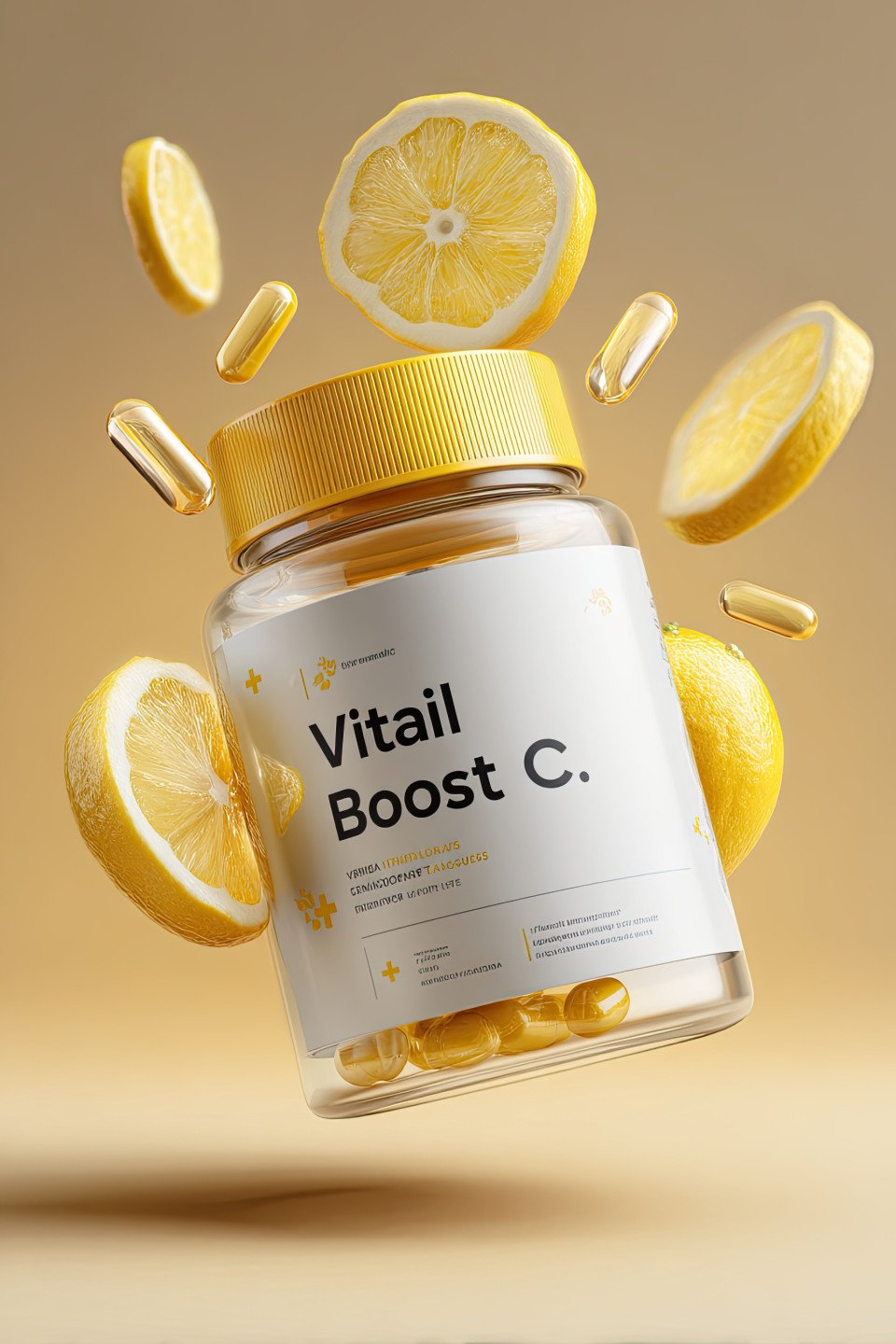 Hyper realistic mockup of a vitamin supplement jar with "vital boost c+" label. surrounded by lemon slices