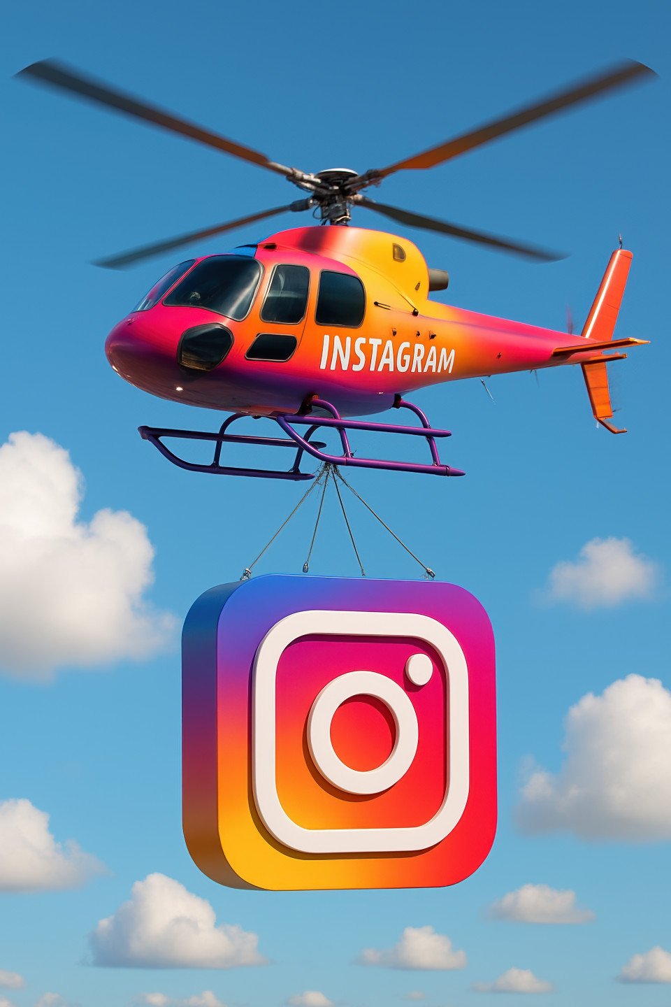 Colorful cgi helicopter flying in blue sky carries big instagram style logo below by cable