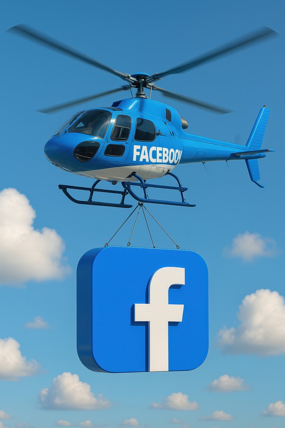 Cgi style helicopter in facebook colors lifts large 3d logo in sunny sky with fluffy clouds