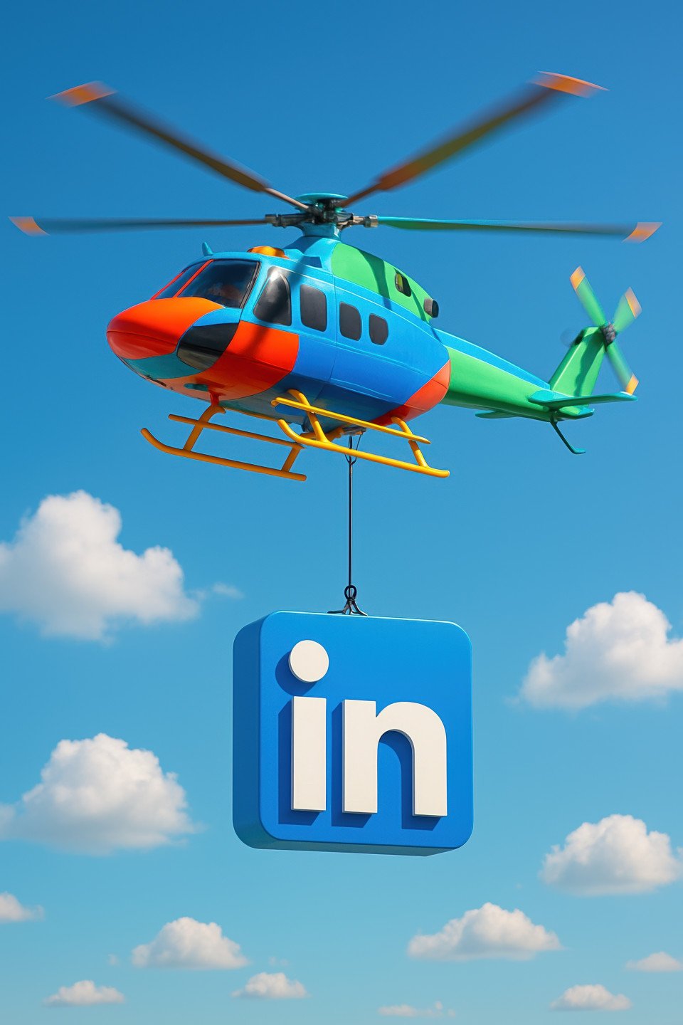 Blue linkedin inspired cgi helicopter soars with bold logo below on cable in open sky