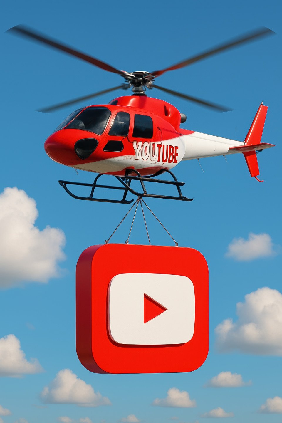 Bright cgi helicopter in red and white youtube theme carries bold 3d logo in clear sky with clouds