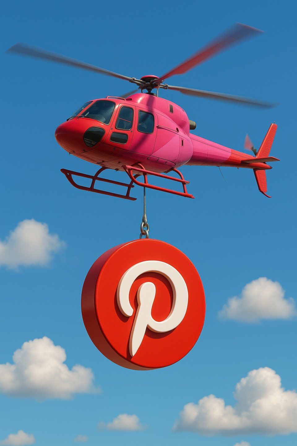 Red cgi helicopter with pinterest logo hanging below