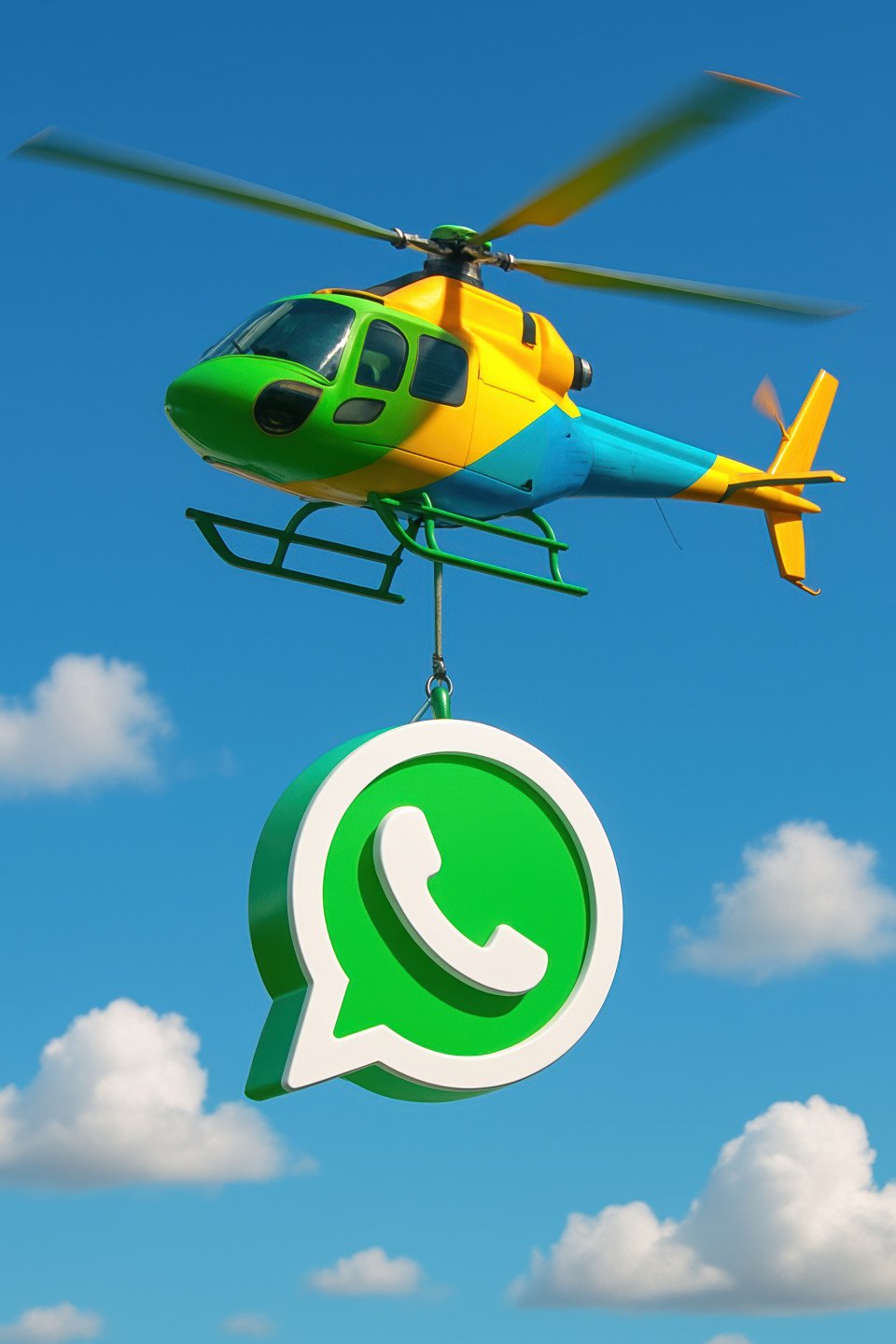 Vibrant green whatsapp themed cgi helicopter flying in sunny sky