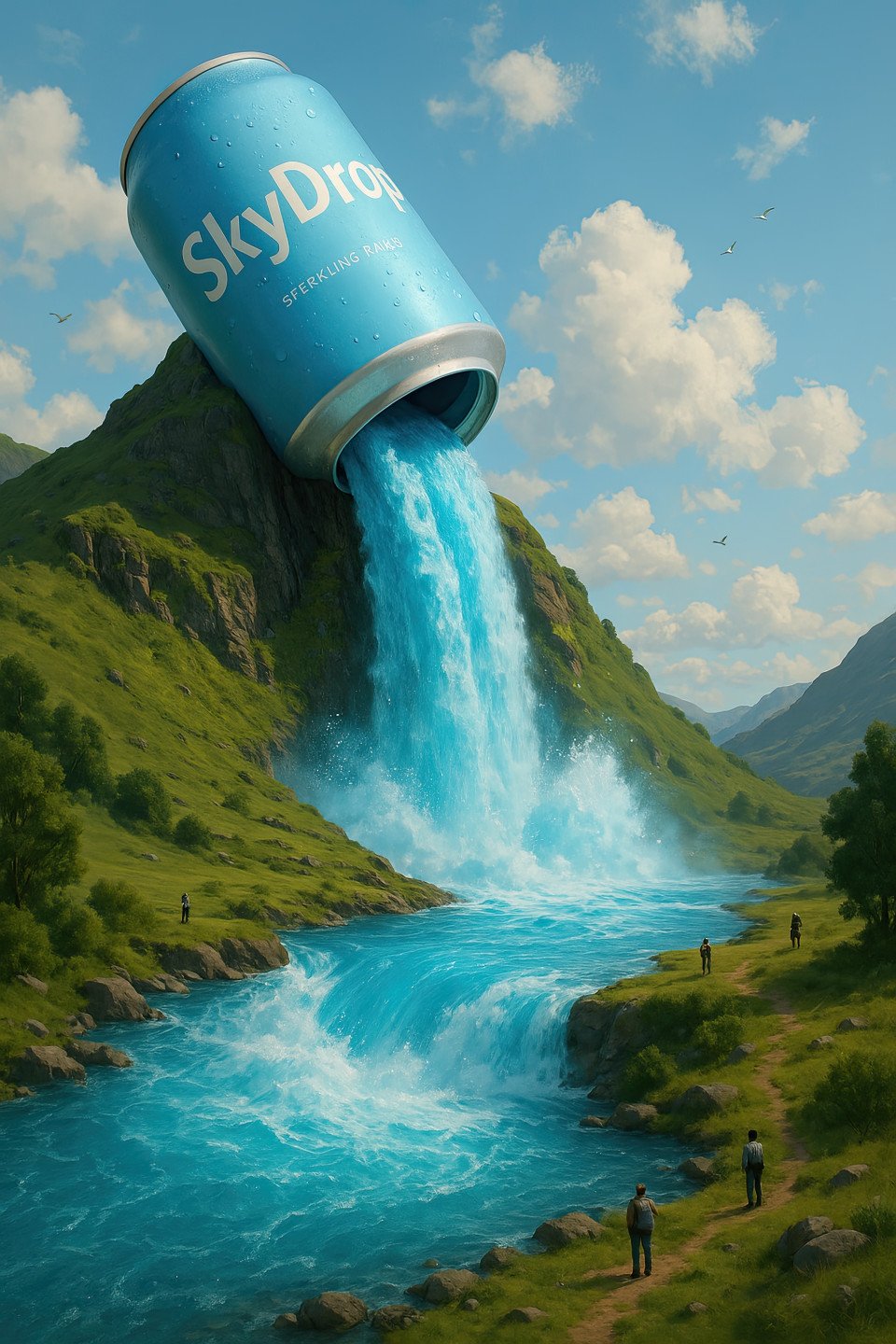 A giant "skydrop" can spills a vibrant sky blue waterfall in a surreal landscape. perfect for product display