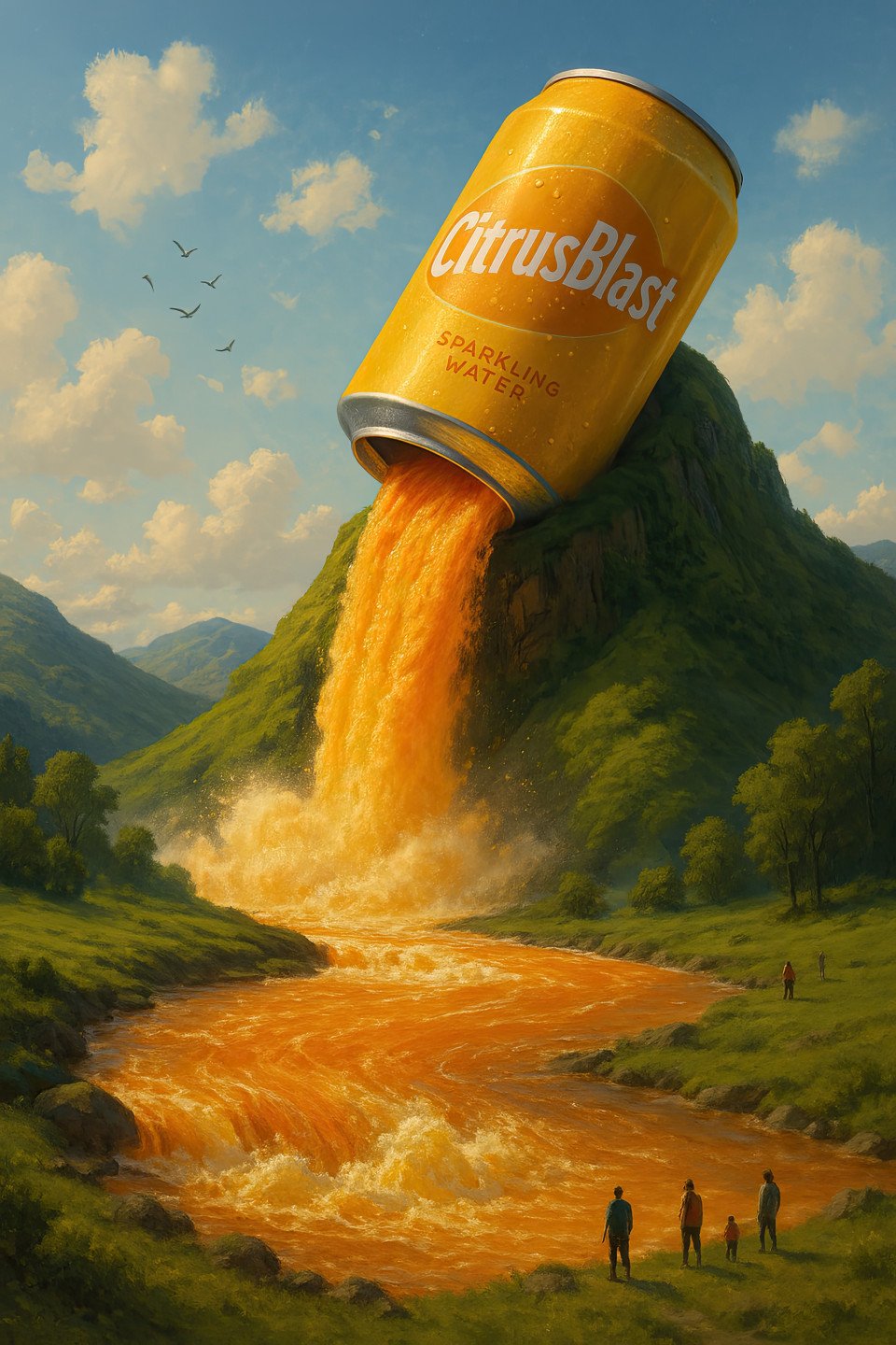 A surreal landscape with a giant "citrusblast" can pouring an orange waterfall. ideal for product display