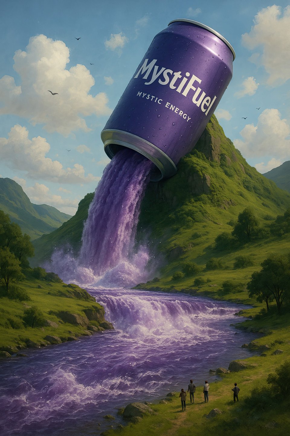 Surreal landscape with a giant "mystifuel" can pouring a vibrant purple waterfall. ideal for can design