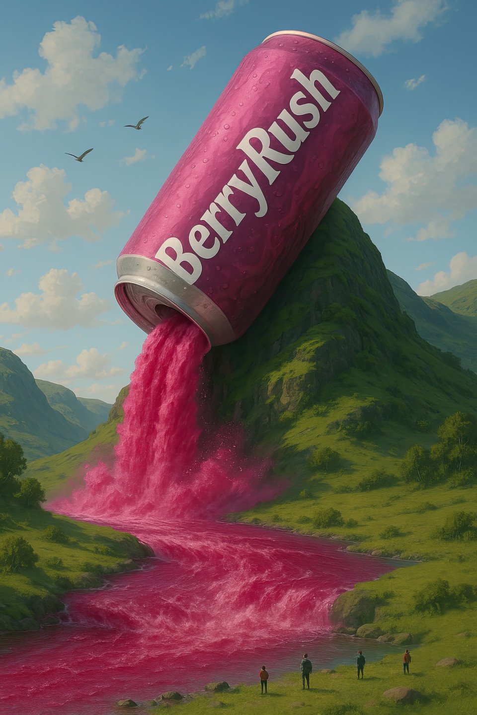 Surreal landscape featuring a giant "berryrush" can spilling vibrant magenta liquid. perfect for marketing