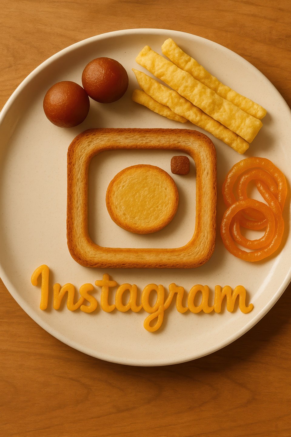 Instagram logo made from toast and cheese on plate with gulab jamun