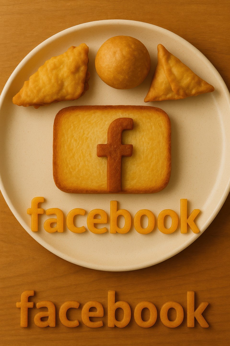 Facebook logo built with toast on breakfast plate with samosa