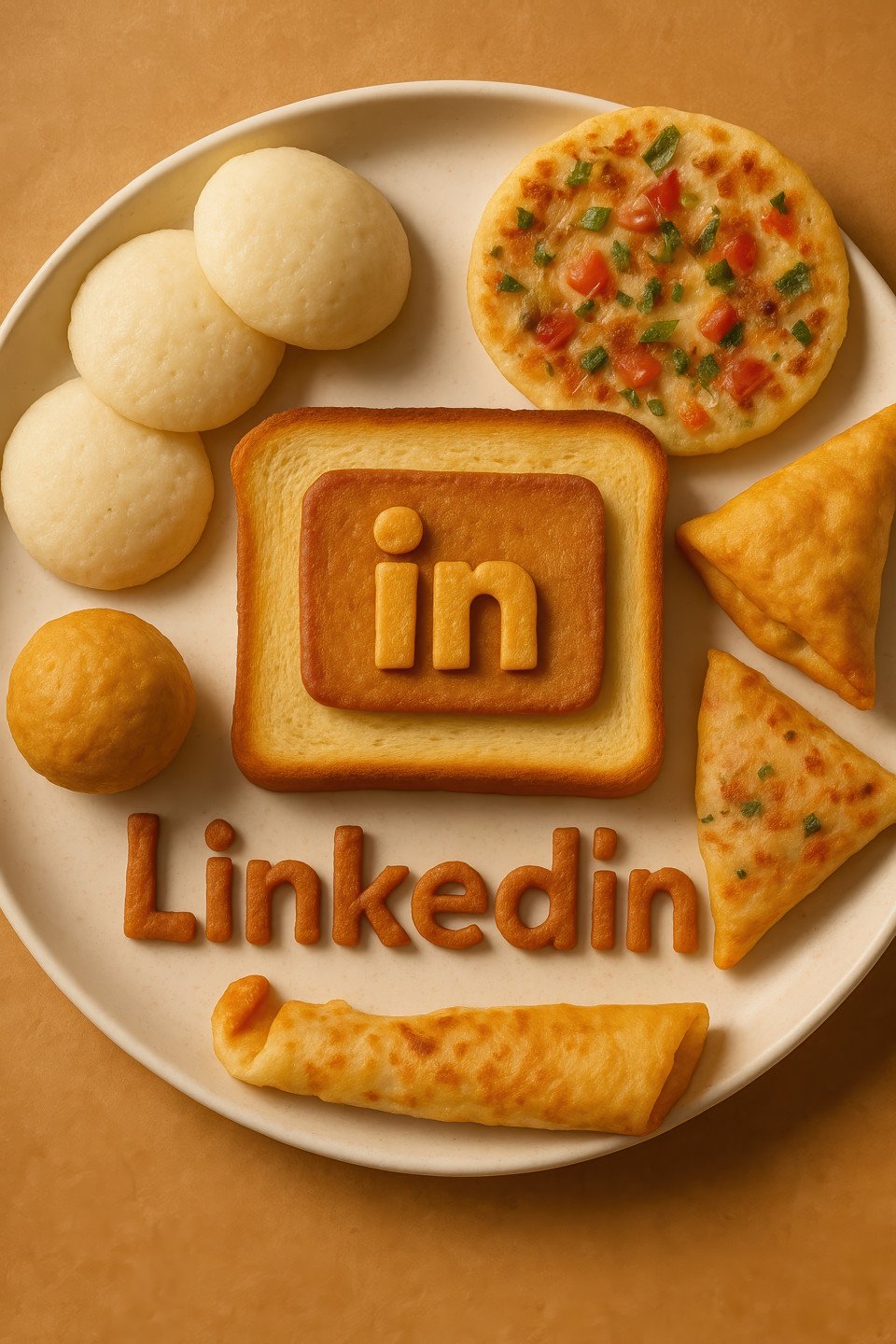 Linkedin logo made from cheese and sausage on a plate with dosa