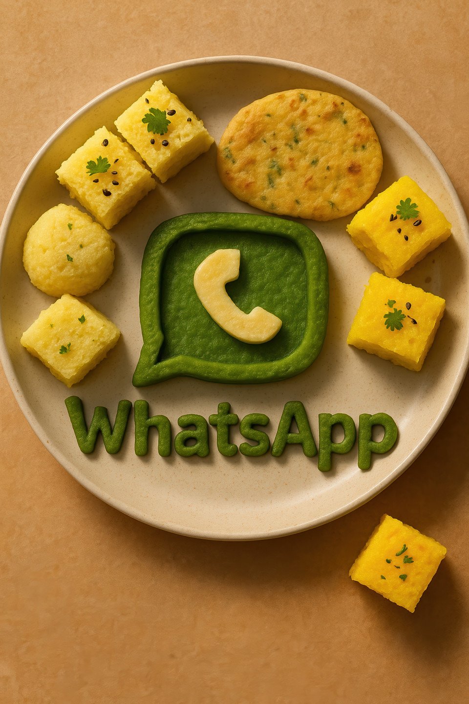 Whatsapp logo built with breakfast food on plate with dhokla