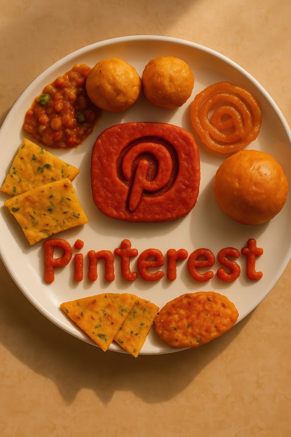 Pinterest logo crafted from toast on warm lit plate with pav bhaji