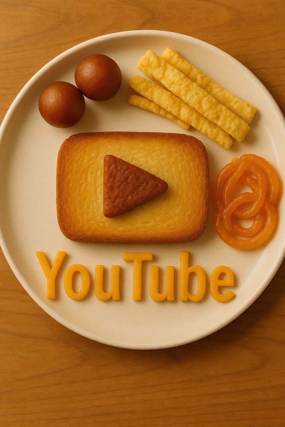 Realistic top down view of youtube logo in breakfast foods with gulab jamun