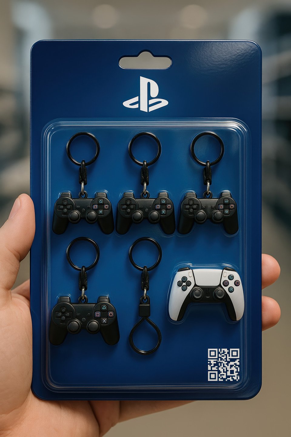 Photorealistic blister pack of playstation controller keychains. realistic miniature tech product pack design via chatgpt with tiny product and gaming icons