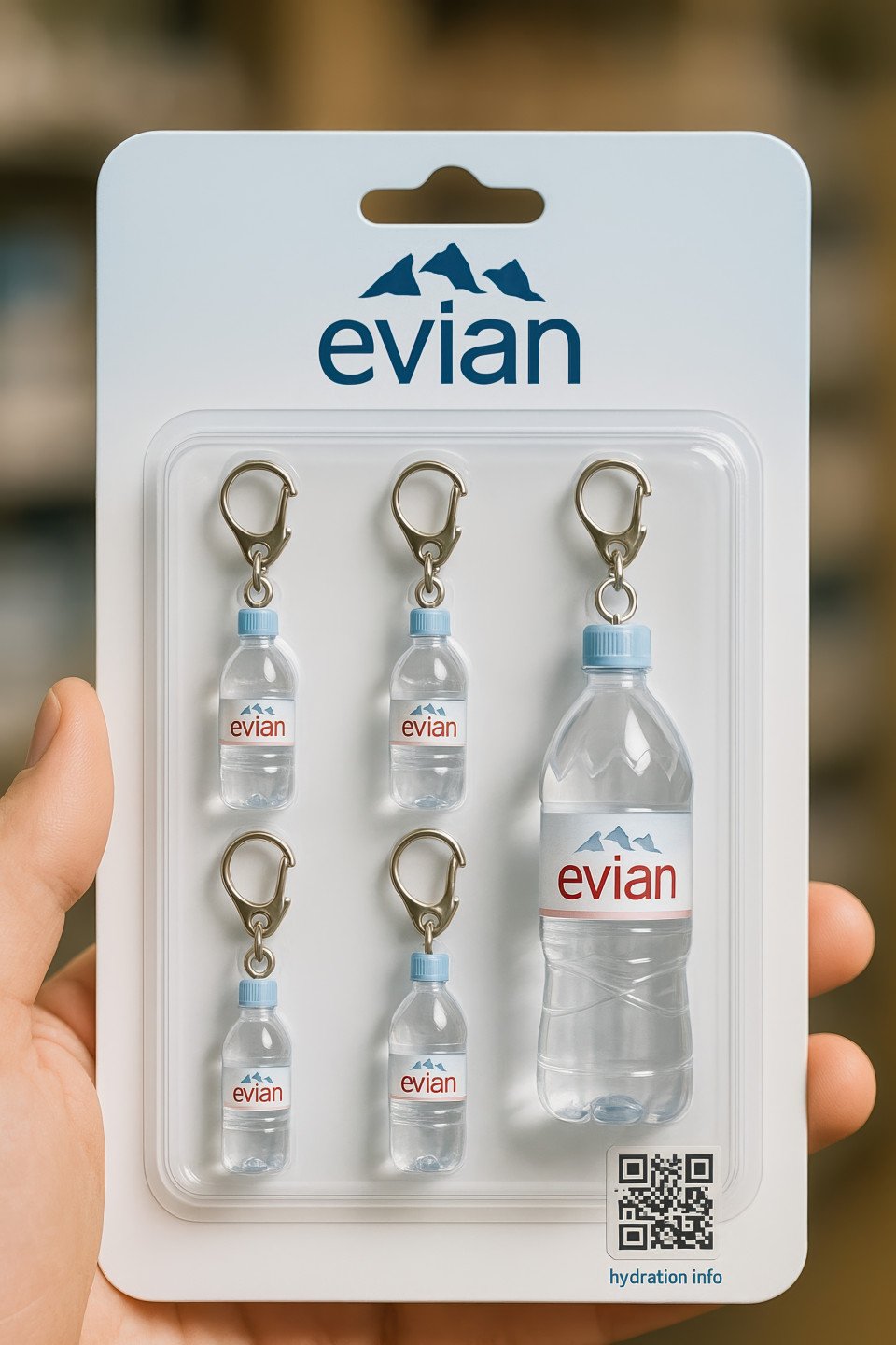 Evian blister pack with miniature bottle keychains. clean water style product packaging with pastel tones. realistic tiny product design via chatgpt prompt
