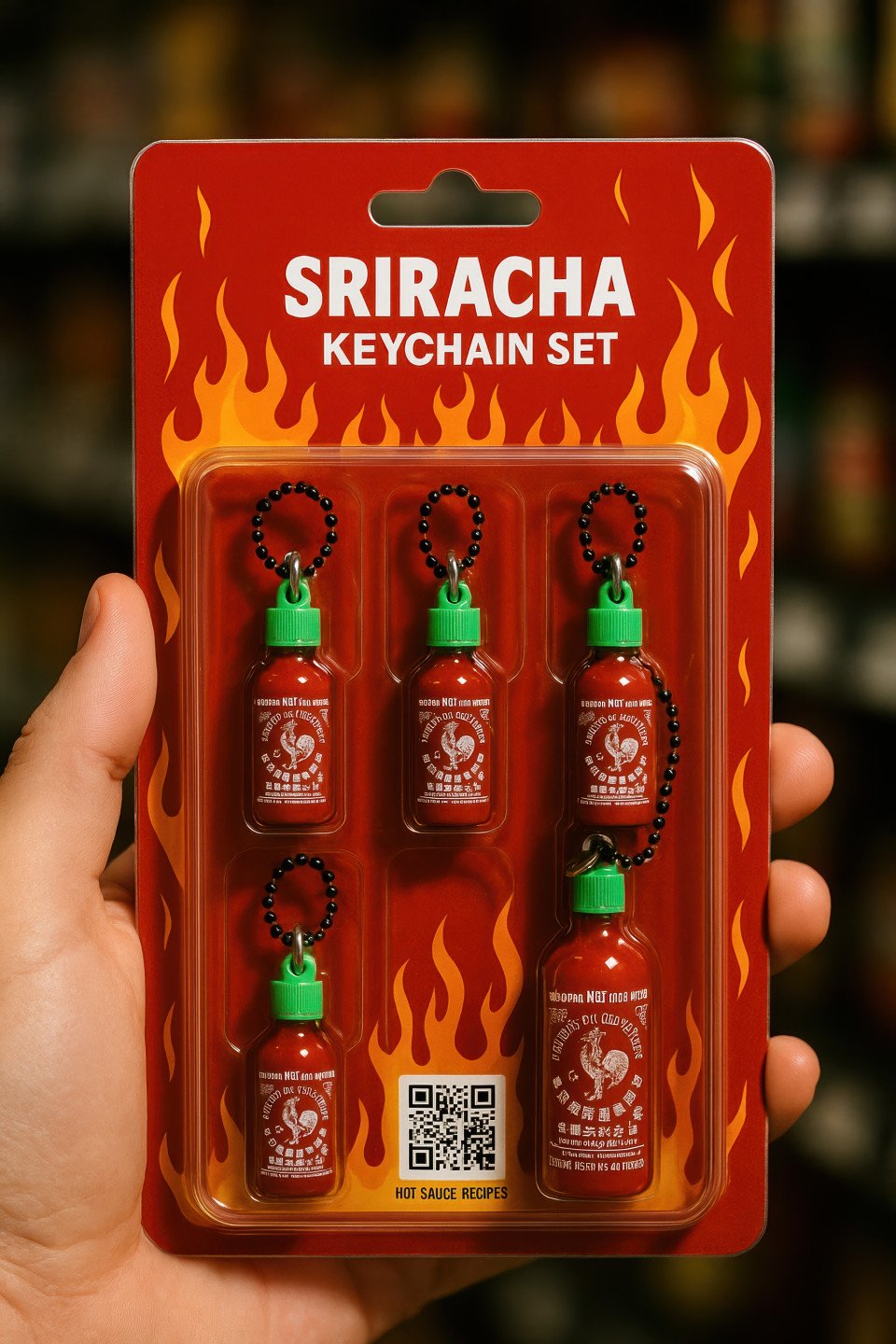 Blister pack of tiny sriracha bottle keychains held in hand. spicy red packaging with realistic product miniatures. prompt via chatgpt tiny product design