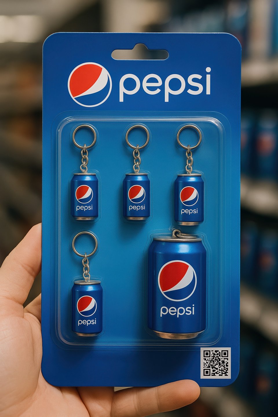 Blister pack of tiny pepsi can keychains