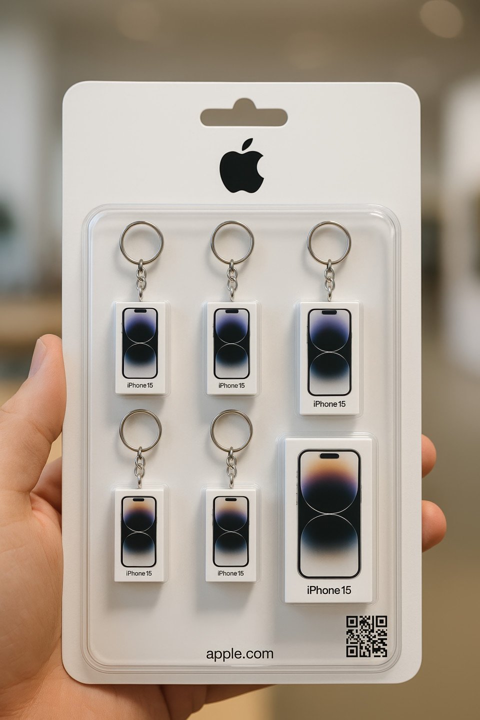 Miniature iphone 15 box blister pack in hand. realistic white apple style packaging with tiny product detail. clean tech design prompt via chatgpt