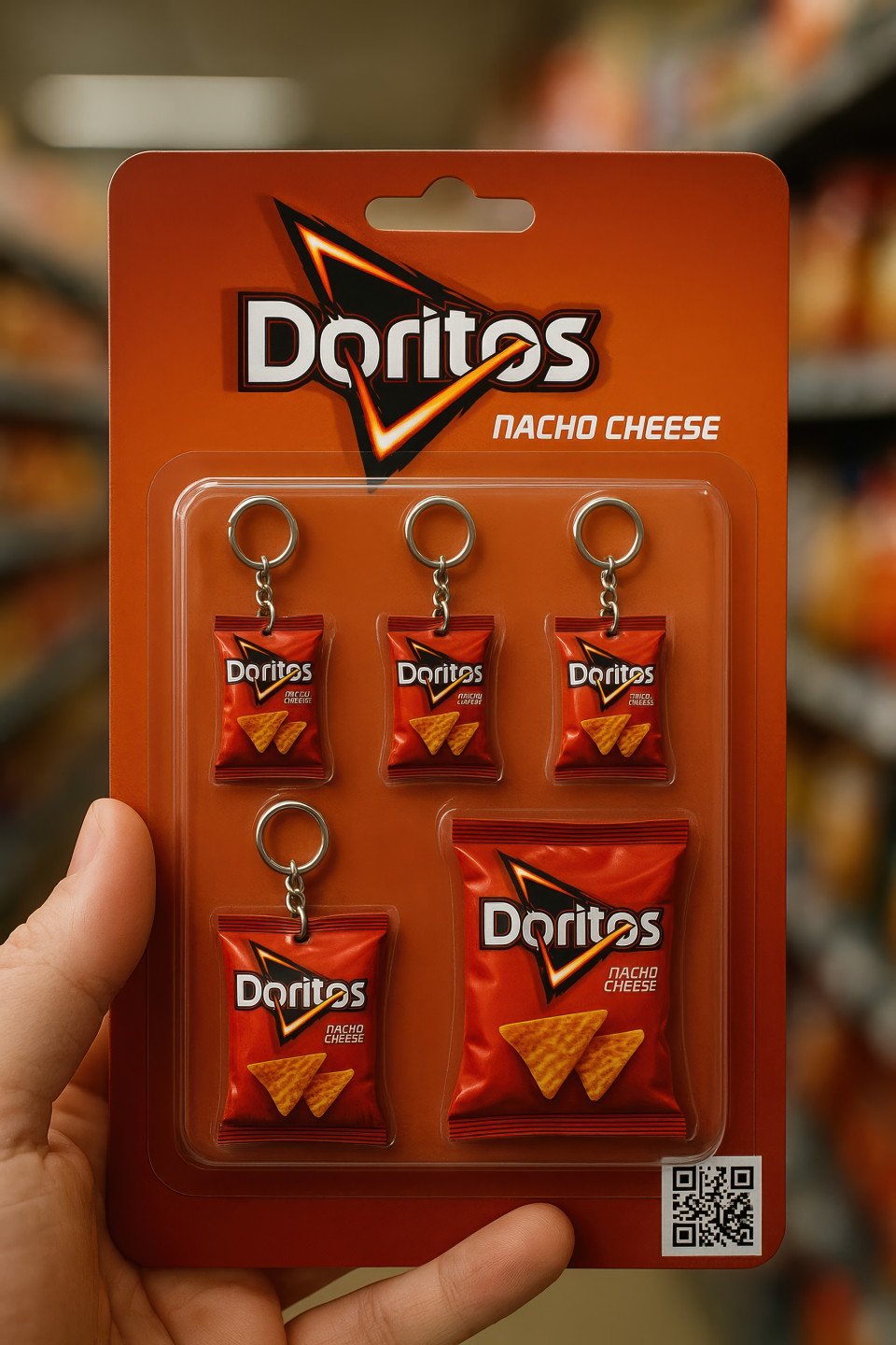 Realistic miniature doritos keychain blister pack held in hand. tiny product design with chips bag details. novelty pack prompt via chatgpt packaging concept