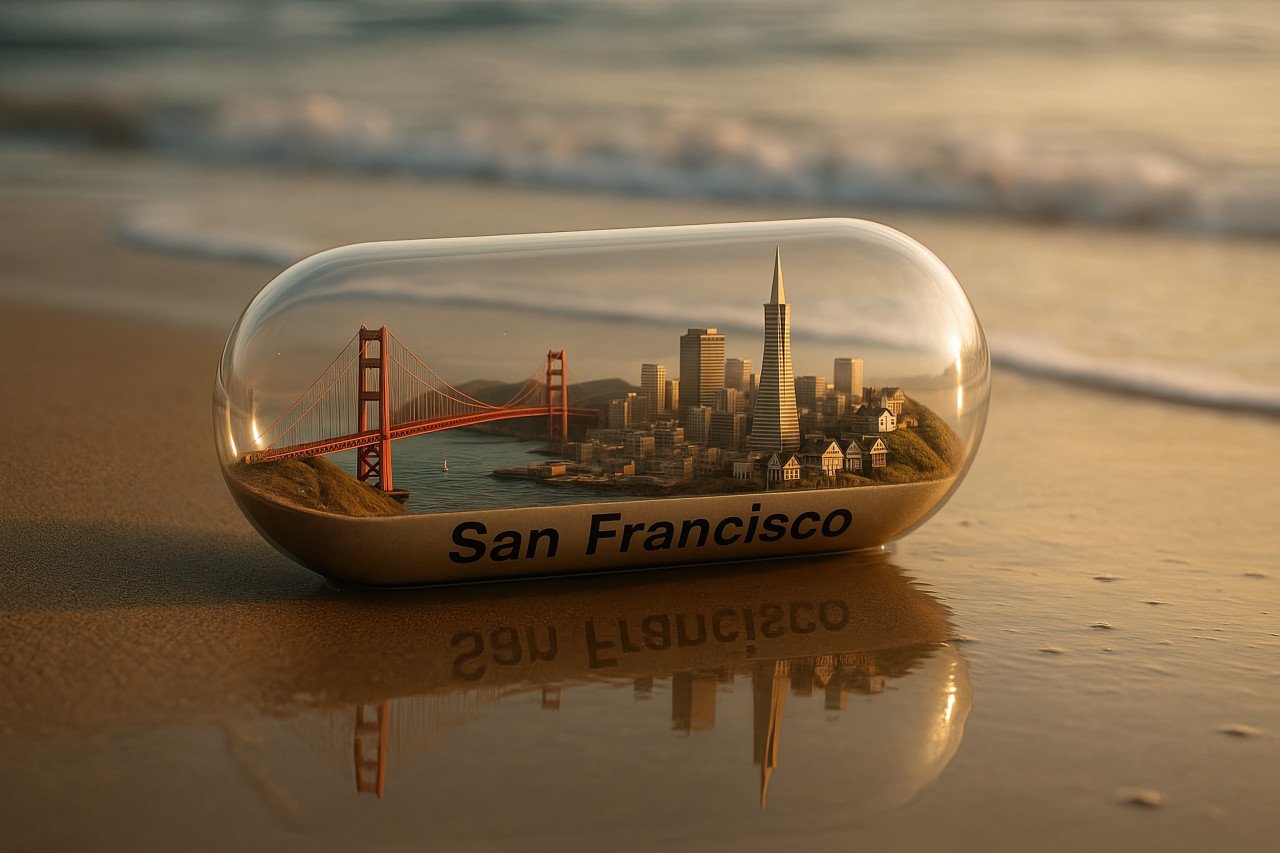Photorealistic miniature city of san francisco inside capsule on beach. tiny golden gate