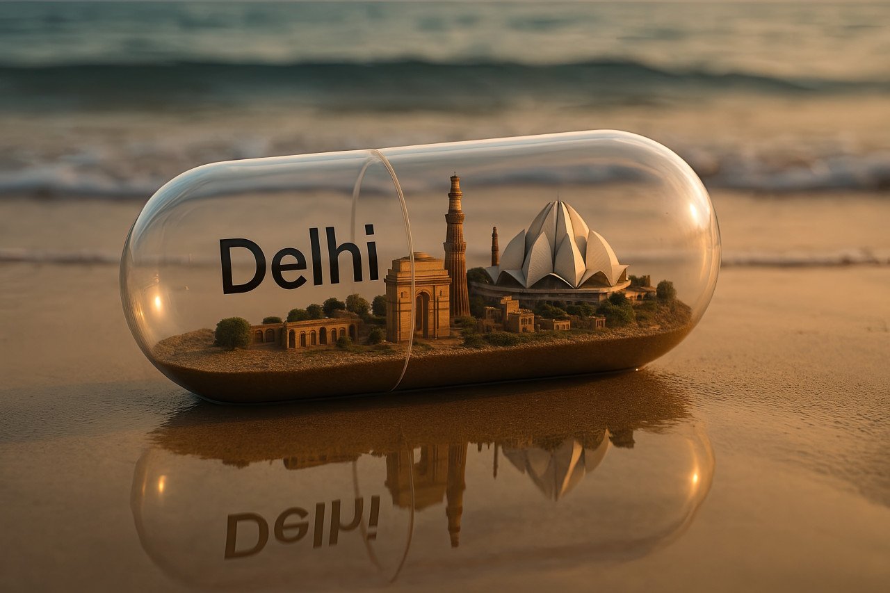 Miniature delhi in photorealistic capsule on wet beach. includes india gate