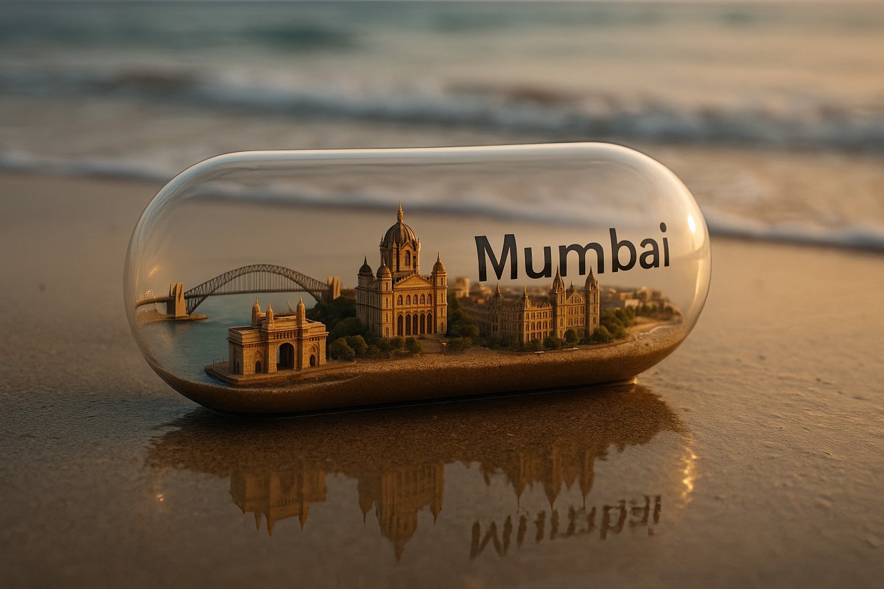 Photorealistic mumbai landmarks in a tiny capsule on beach. mini gateway of india and skyline in detailed city diorama design prompt via chatgpt