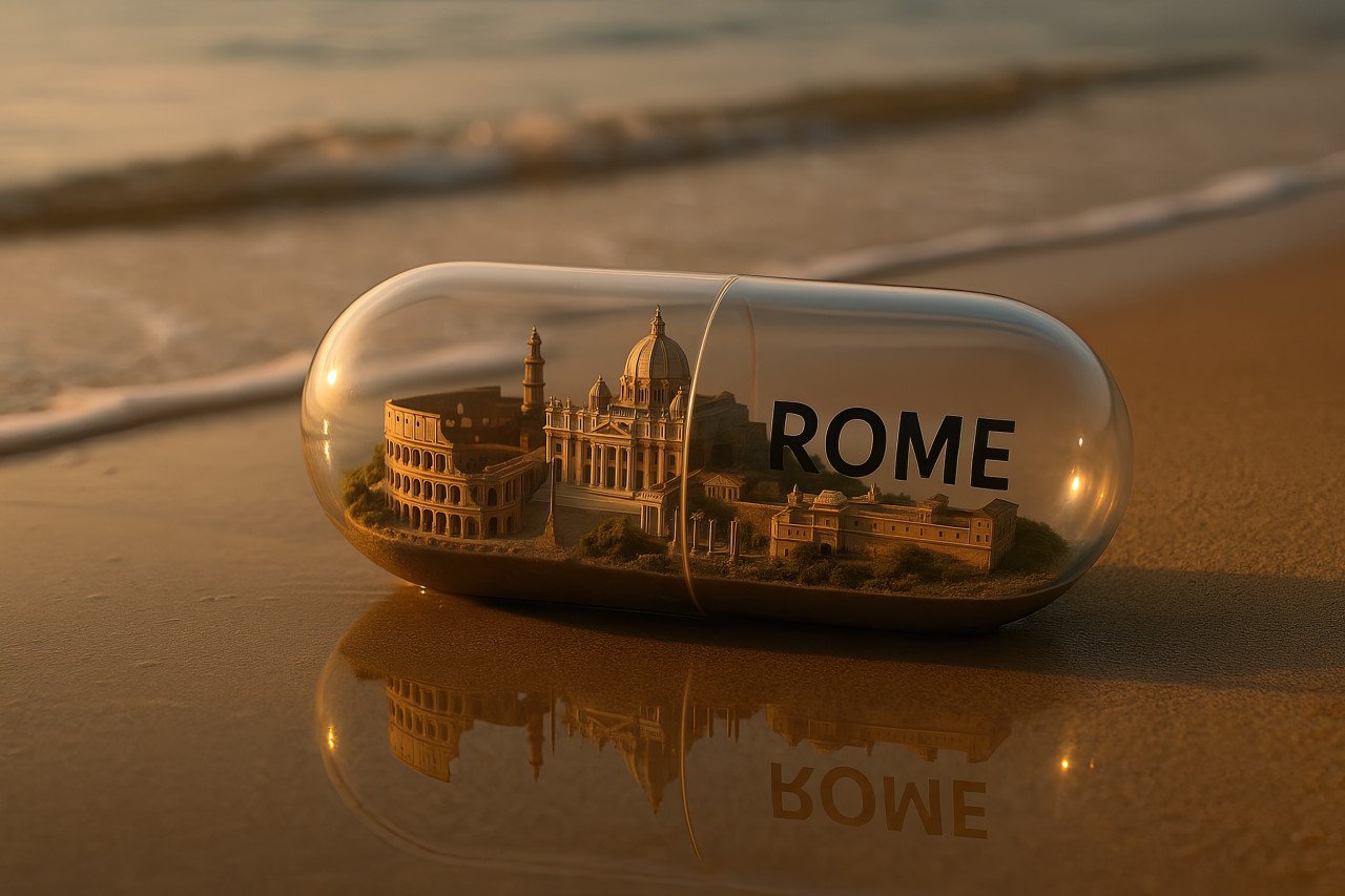 Photorealistic capsule on sand holding tiny rome cityscape. includes colosseum and vatican details. miniature city diorama design prompt via chatgpt