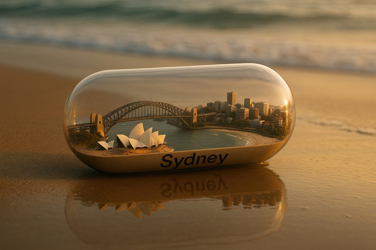 Miniature sydney in a clear capsule on beach