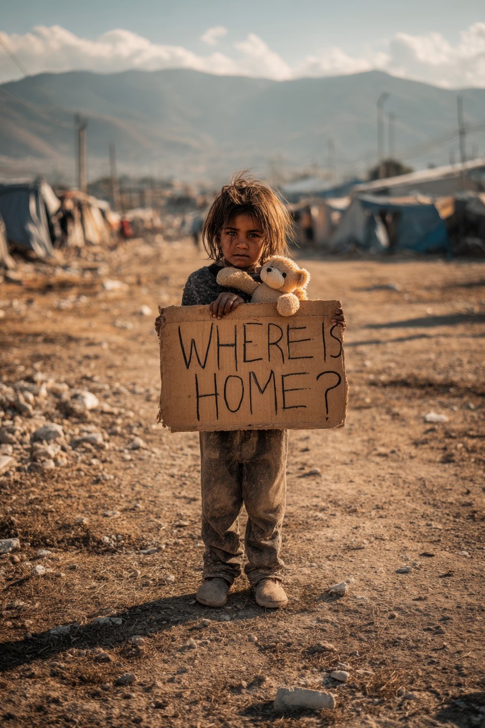 Tearful latin girl clutching teddy bear holds 'where is home' sign near tents and rubble