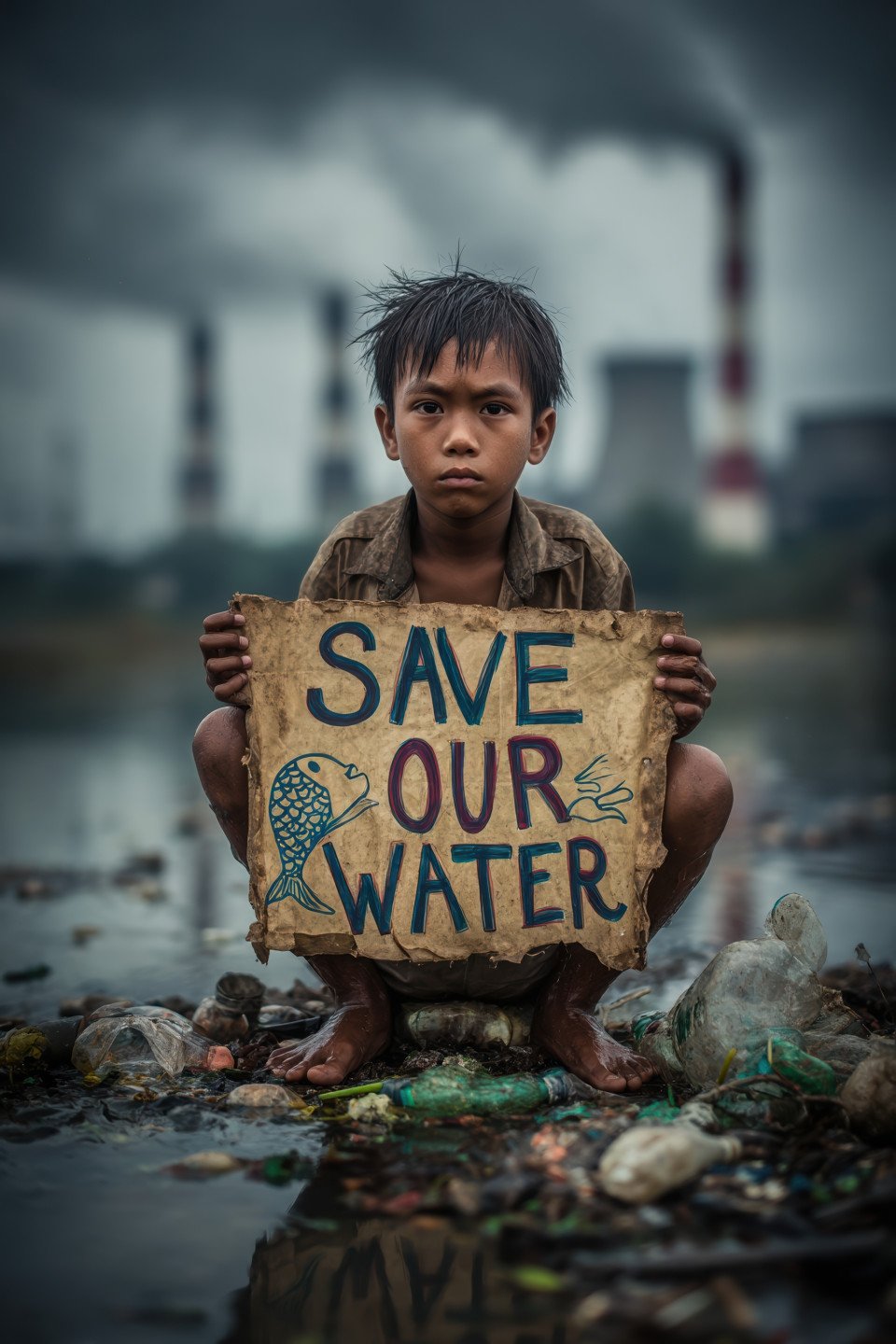 Barefoot southeast asian boy by polluted river holding 'save our water' sign with fish drawing