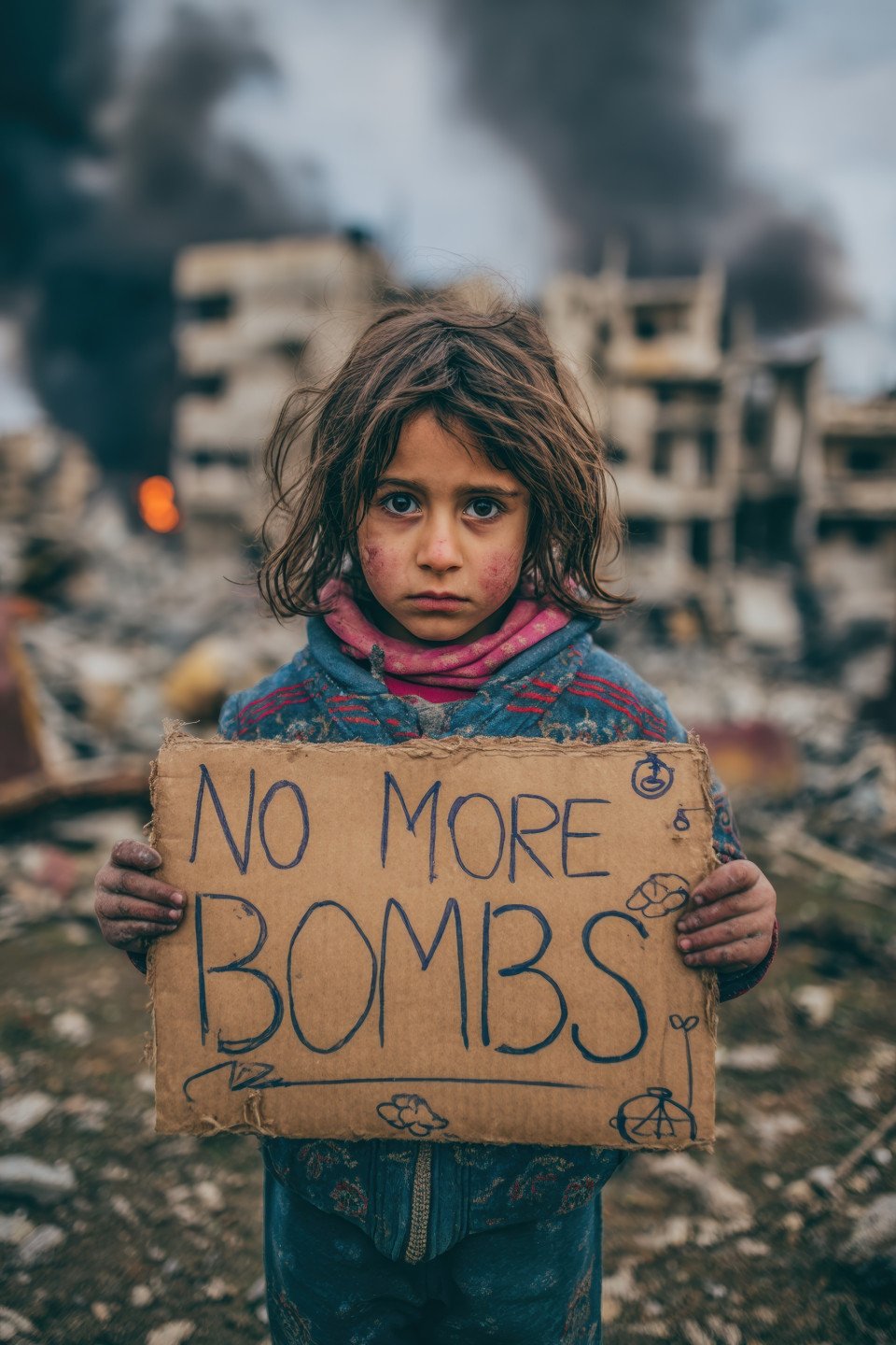 Syrian girl with sad eyes holding a sign that says 'no more bombs' stands in rubble with smoky skies behind her
