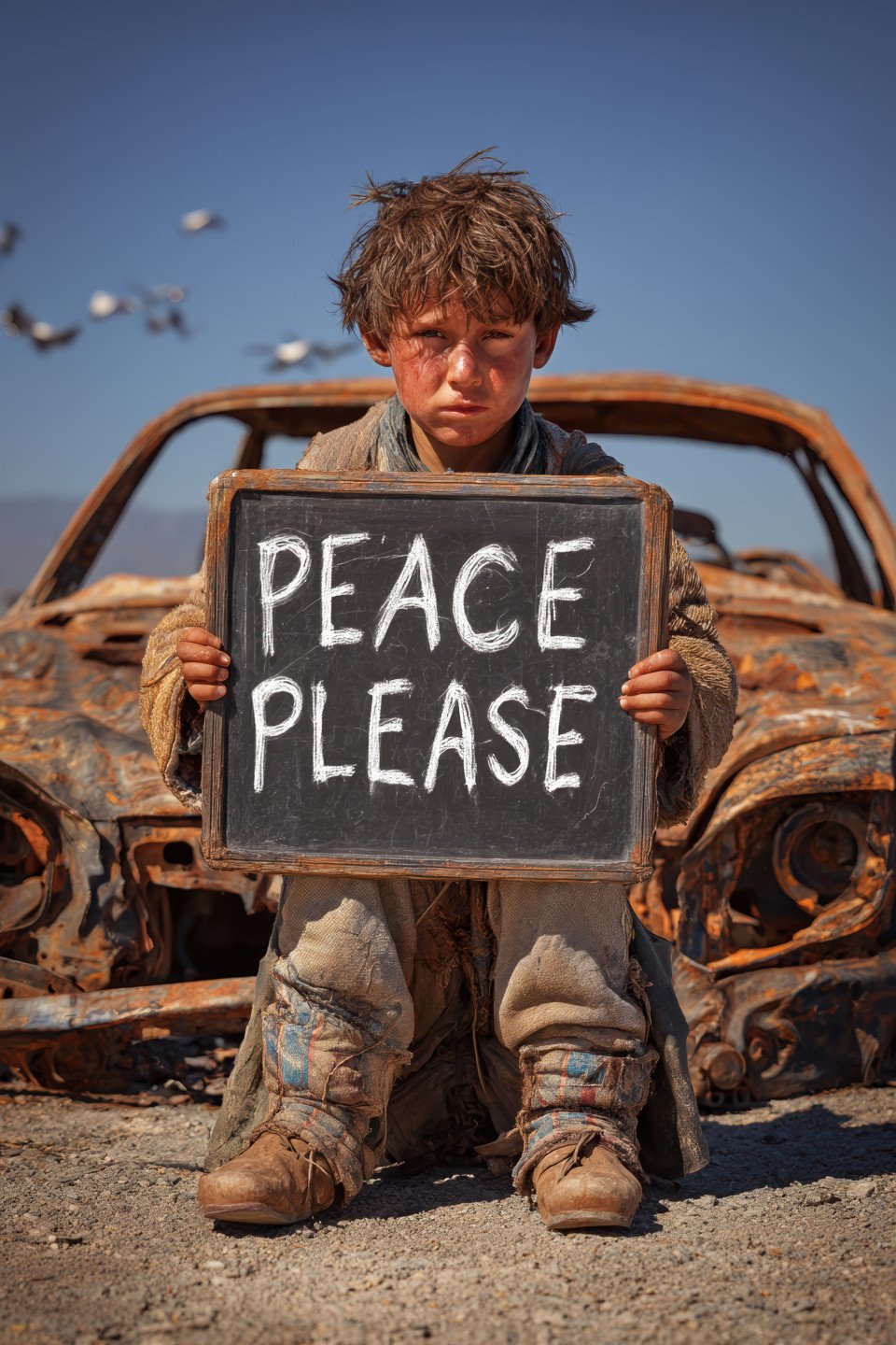 Middle eastern refugee boy with big clothes sits by burned vehicle holding 'peace please' sign