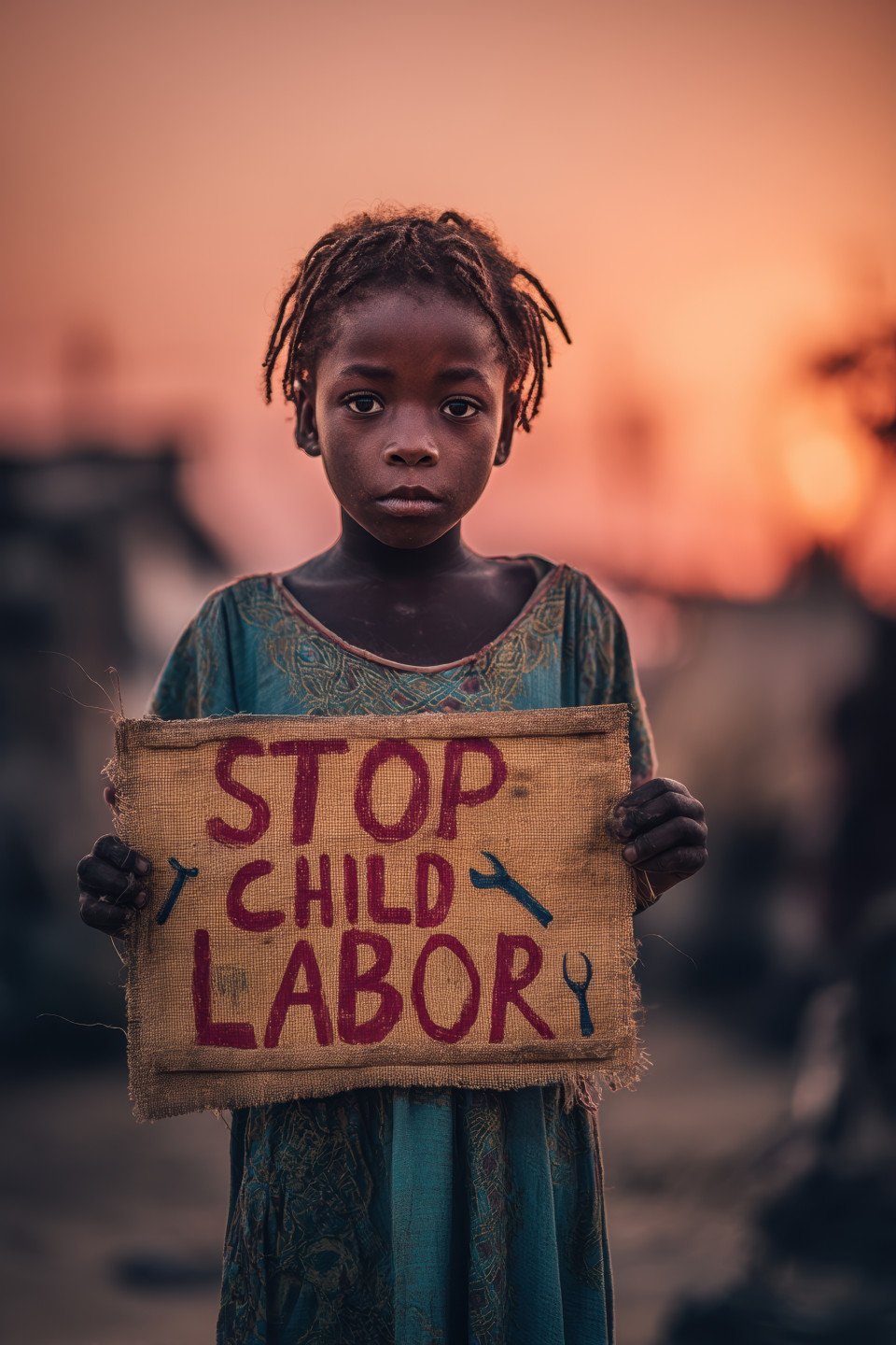 Sad african village girl with 'stop child labor' sign and tool drawings stands near dusty factory at sunset