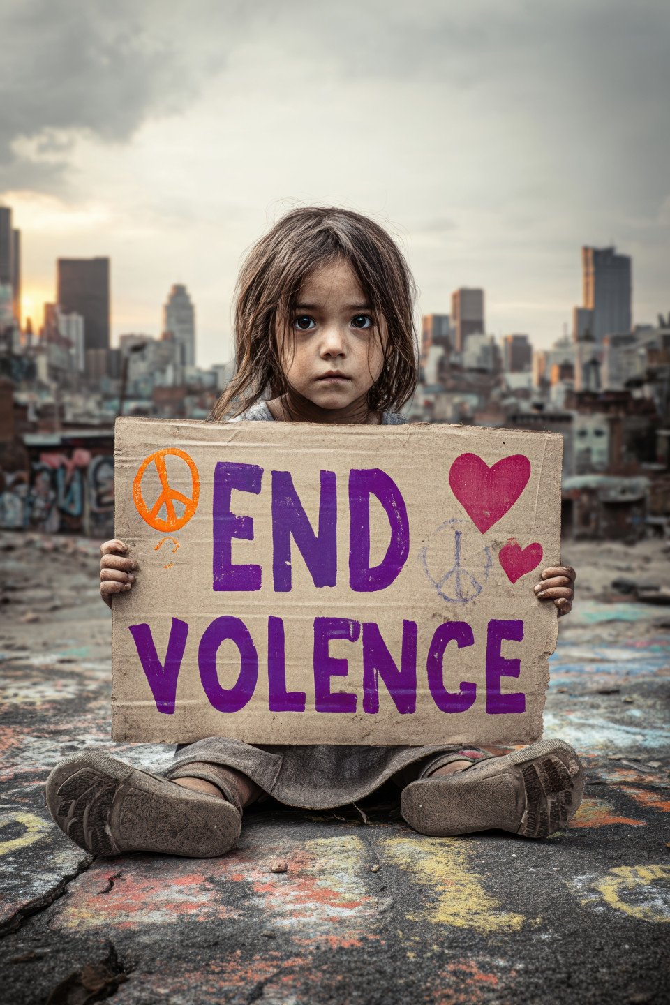 Urban slum girl with scared eyes holds 'end violence' sign near graffiti walls and cracked ground