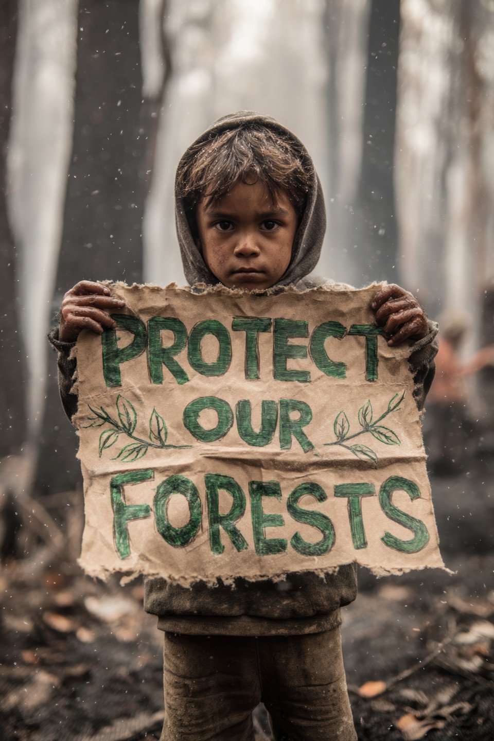 Solemn indigenous boy in burnt forest holding 'protect our forests' banner with leaf art